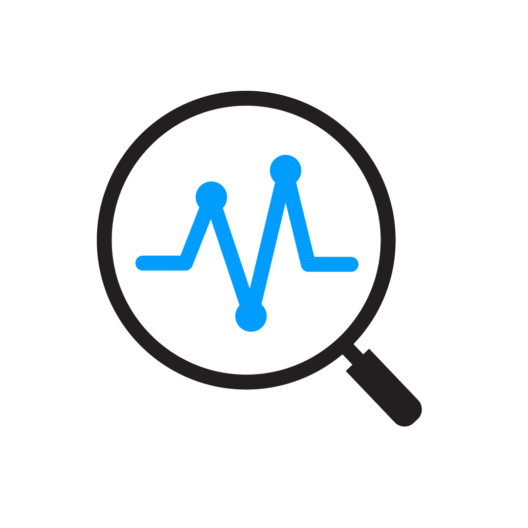 Business analysis icon displaying a magnifying glass with line graph inside lens.