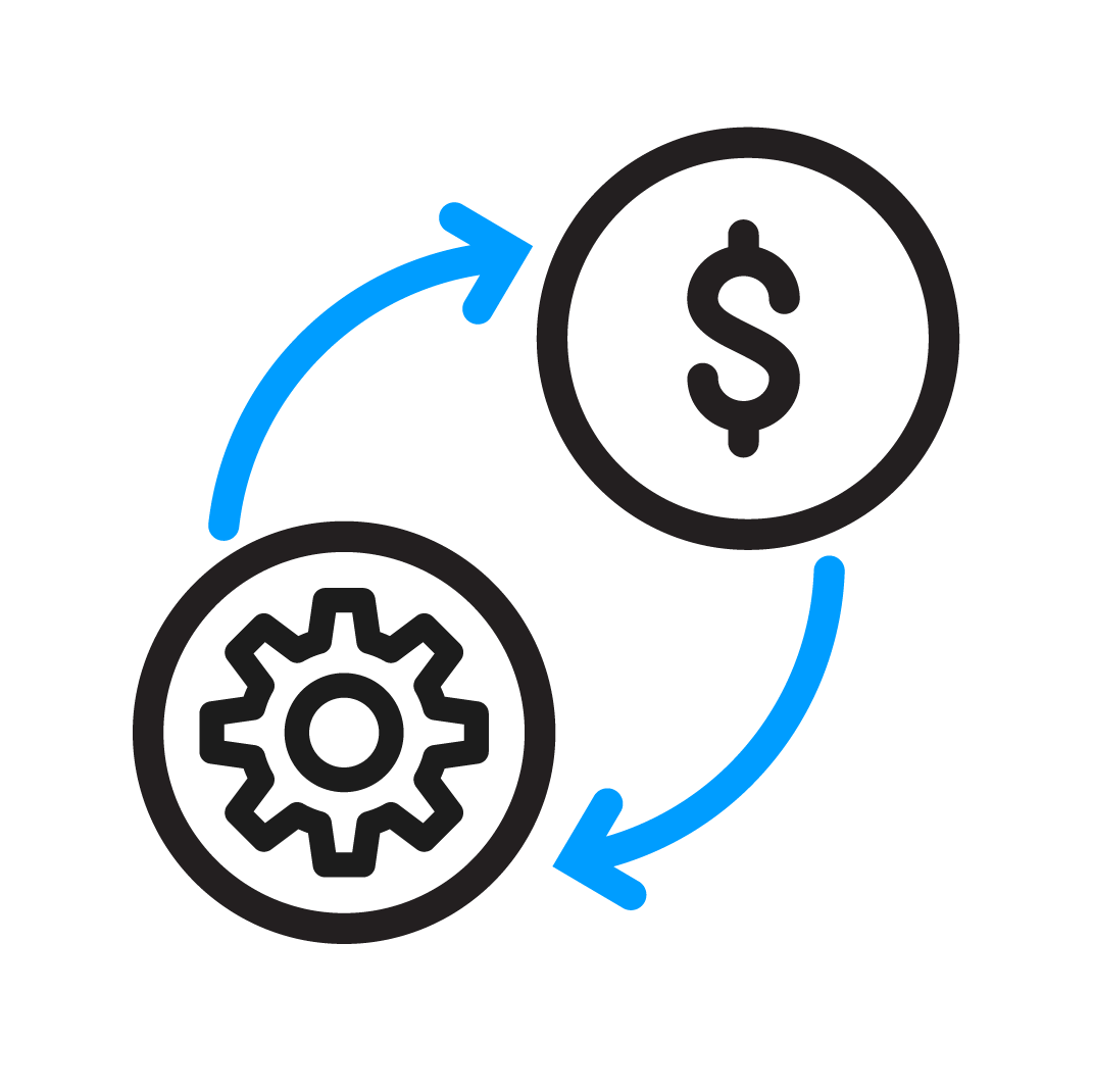 Cash flow analysis icon, featuring a gear on one end a dollar sign at the other, connected by exchanging arrows