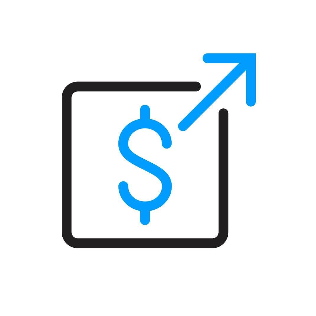 profit maximization icon, featuring a dollar sign inside of a square, and an arrow pointing upward at the top-right corner