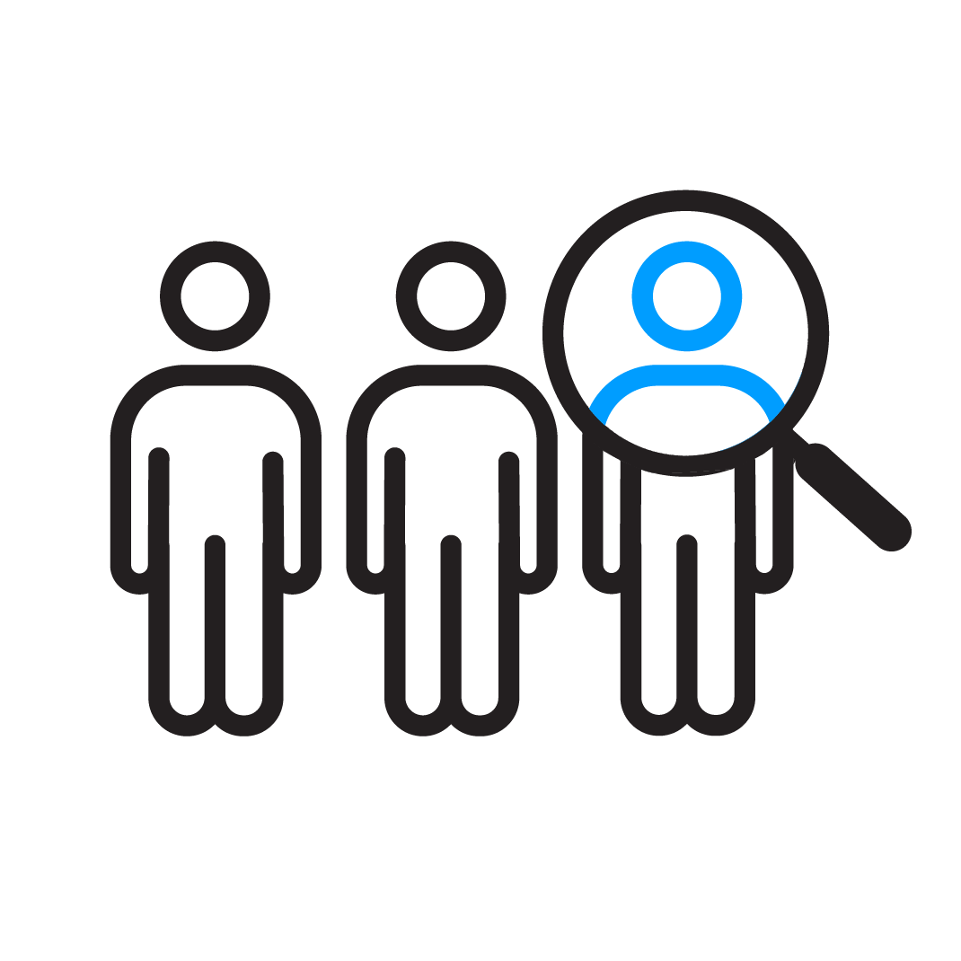 Recruiting and retention icon, showing three outlined people with a magnifying glass over one.