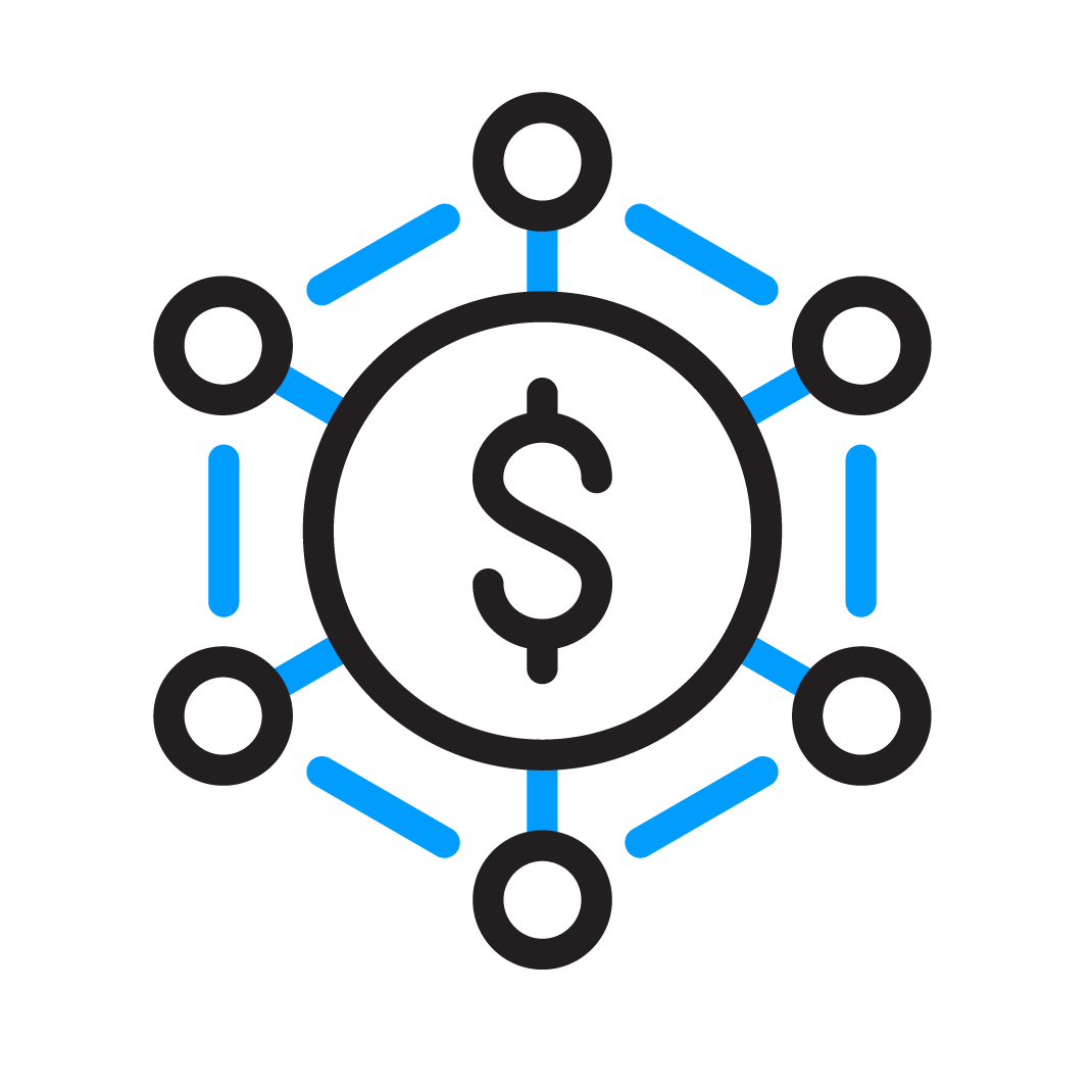 Sales development icon, showing a lined hexagon with circles on every corner and a dollar sign in center
